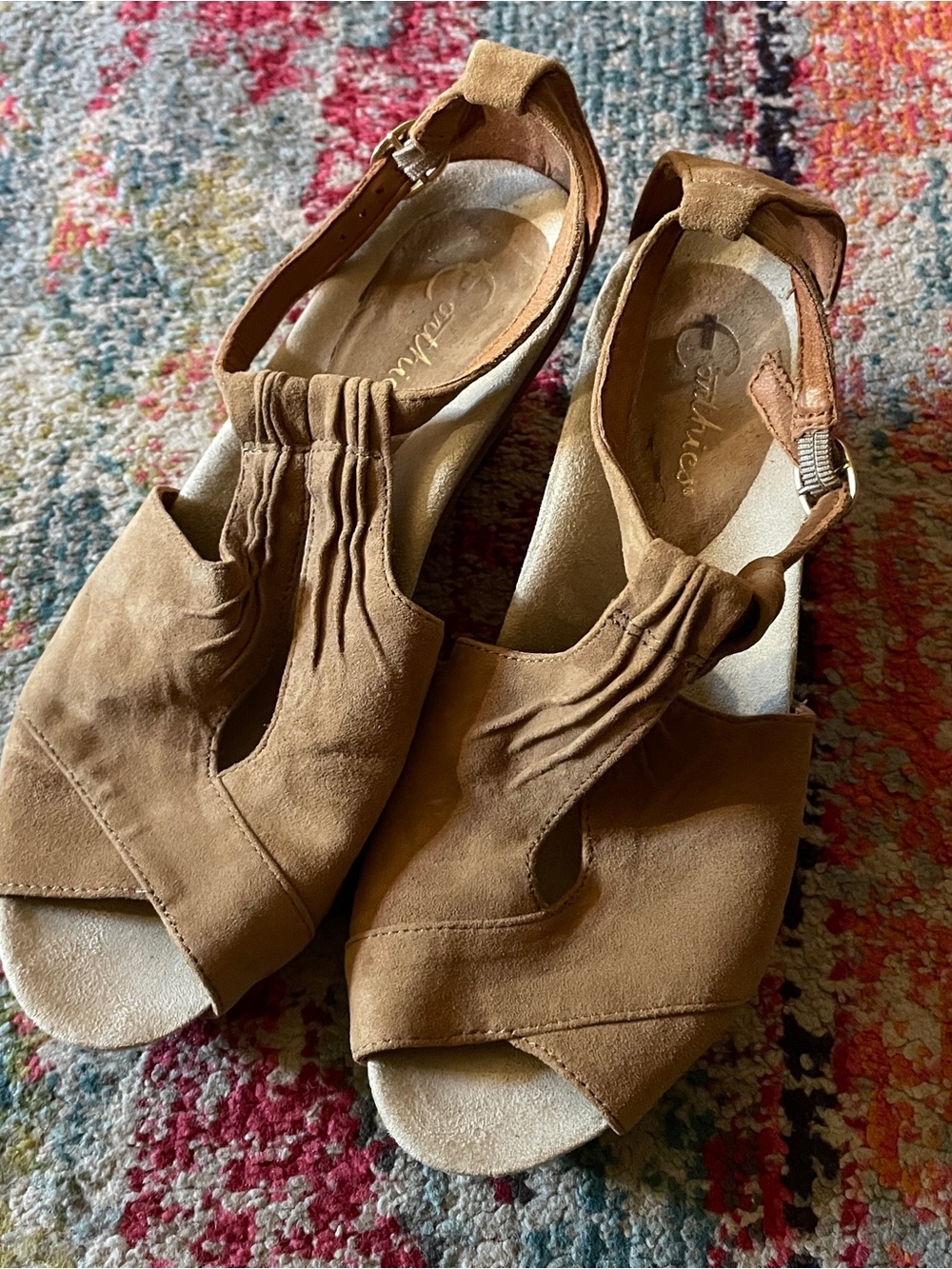 Earthies Tan Suede Open-Toe Wedge Sandals